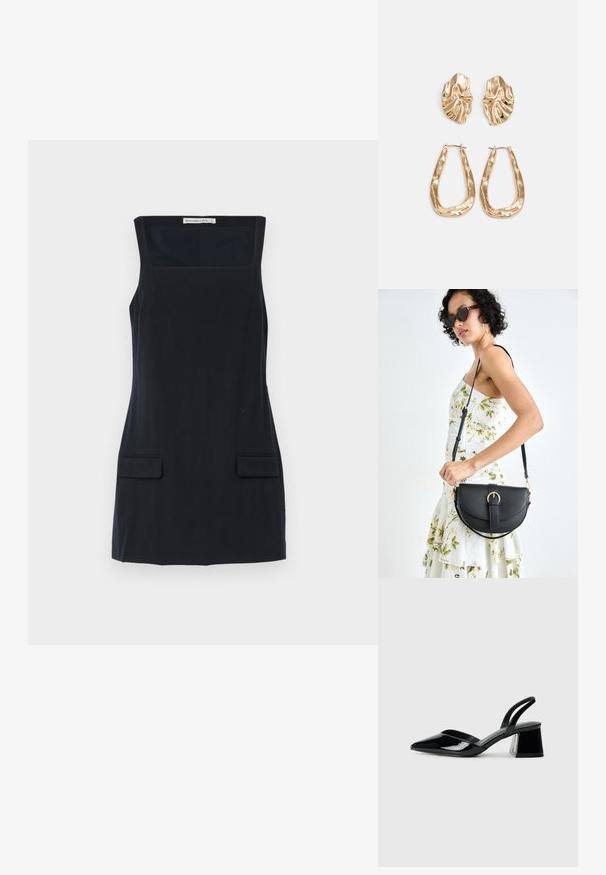 Rochie fără mâneci, de culoare bleumarin, cu decolteu pătrat, două buzunare frontale și textură netedă. Croială dreaptă, fără embellishments suplimentare.; Pantofi cu toc slingback din piele lacuită neagră, cu vârf ascuțit și toc geometric. Prezintă un design elegant, minimalist și o textură netedă.; Geantă din piele neagră, cu o formă curbată, curea detașabilă și accesorii aurii. Geanta are un capac cu un detaliu tip cataramă.; Cercei aurii cu forme texturate și ondulate. Include studs sculpturale cu clip și un design de cerc deschis cu un finisaj cioplit.