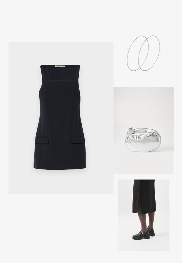 Námořnické bezramínkové šaty se čtvercovým výstřihem, dvěma předními kapsami a hladkým povrchem. Rovný střih bez dalších ozdob.; Černé kožené boty s kulatou špičkou, silným blokovým podpatkem a elastickými bočními akcenty, spárované s tmavými punčochami a černou sukní se rozparkem.; Stříbrná kovová taška s měkkým, zaobleným tvarem a uzávěrem s uzlem. Vyrobena z hladké umělé kůže.; Stříbrné kruhové náušnice s minimalistickým designem. Kruh, hladký povrch a tenký profil. Lehká konstrukce s lesklým povrchem.