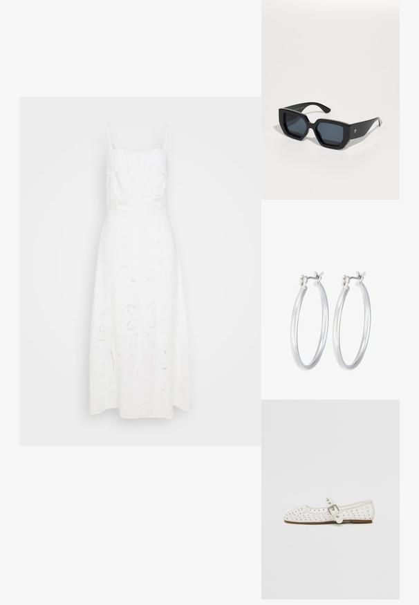 Bela lanena obleka z nastavljivimi naramnicami, ki ima cvetlični vezenin in izrezane detajle na krilu. Silhueta A-linije.; Bela ravna čevlja s koničastim nosom, okrašena s srebrnimi žebljički, ima zaponko preko instep-a in svetlo rjavo podplato.; Črne velike sončne očala z geometrijskim dizajnom, pravokotnimi lečami in sijočo površino. Brez vidne blagovne znamke spredaj.; Srebrni obroči za ušesa z gladko, polirano površino. Okrogla oblika in varna zaponka s klikom. Lahka zasnova, primerna za vsakodnevno nošenje.