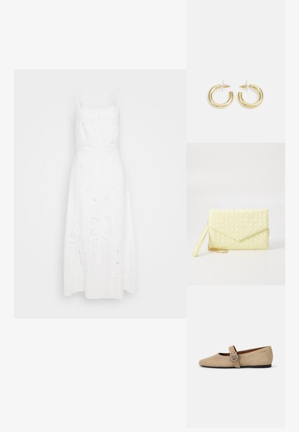 Vestido branco de linho com alças de espaguete ajustáveis, apresentando bordado floral e detalhes recortados na saia. Silhueta em A.; Sapatilhas Mary Jane de camurça bege com bico apontado e uma única alça ajustável com uma fivela prateada. Sola plana preta.; Bolsa carteira amarela de palha com um design de aba, uma alça de pulso destacável e um destaque em corrente dourada. Textura suave e forma retangular.; Brincos em argola dourados com um acabamento liso e brilhante. Design circular com um pequeno pino e suporte transparente para um uso seguro.