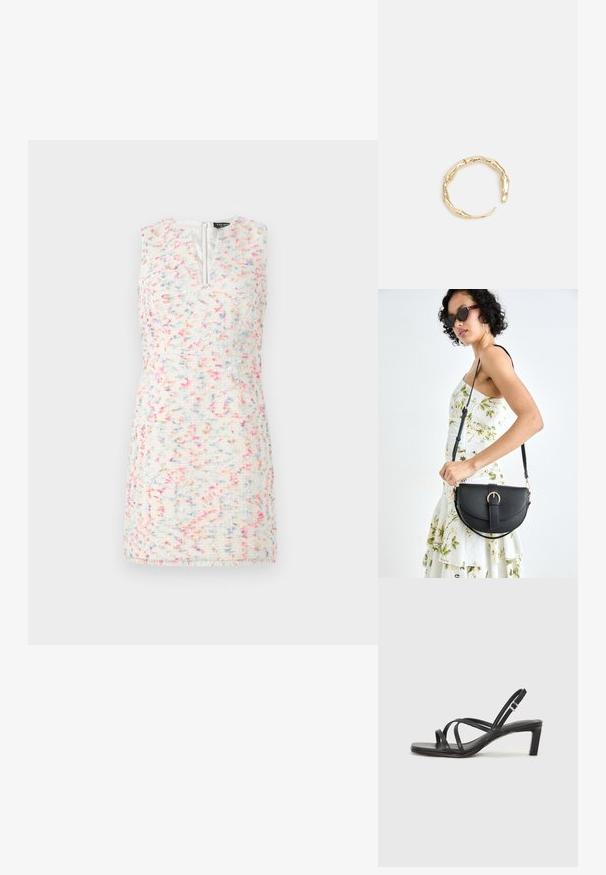 Bešvarkinė suknele iš audinio su tekstūruota paviršiumi. Spalvos: balta, rožinė ir mėlynos dėmės. Yra priekinis užtrauktukas ir tiesus kirpimas.; Juodi šlepetės su kvadratiniu pirštu ir žemu bloku kulnu. Yra keli ploni dirželiai ir reguliuojamas kulkšnies diržas. Pagaminti iš lygios odos.; Juodas odinis krepšys su išlenkta forma, nuimamu dirželiu ir auksiniais detalėmis. Krepšys turi kilpą su sagtimi.; Auksinės spalvos žiedas, turintis organišką, sukimosi dizainą su lygiu paviršiumi ir siaurėjančiais galais, sukuriantis modernią skulptūrinę išvaizdą.