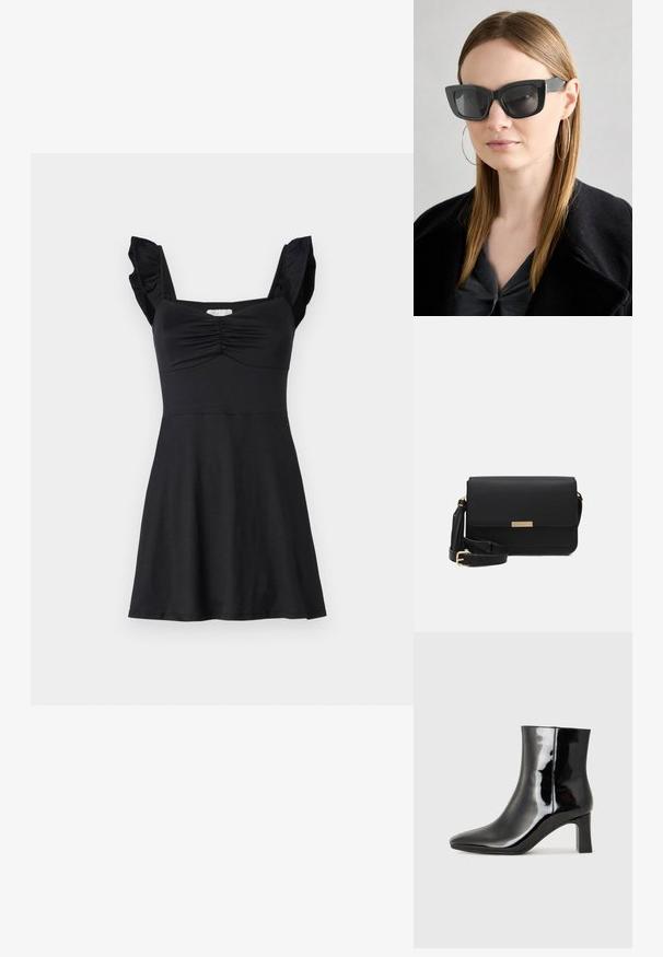 Black dress made of smooth fabric, featuring ruffled shoulder straps, ruching at the bust, and a flared skirt silhouette.; Black patent leather ankle boot with a pointed toe and a mid-height block heel. Smooth texture and minimalist design.; Black cat-eye sunglasses with dark lenses, thick frames, and subtle accents. Worn with a black coat and gray top, featuring long straight hair.; Black leather crossbody bag with a flap closure, gold hardware accent, adjustable strap, and textured surface. Compact rectangular shape.