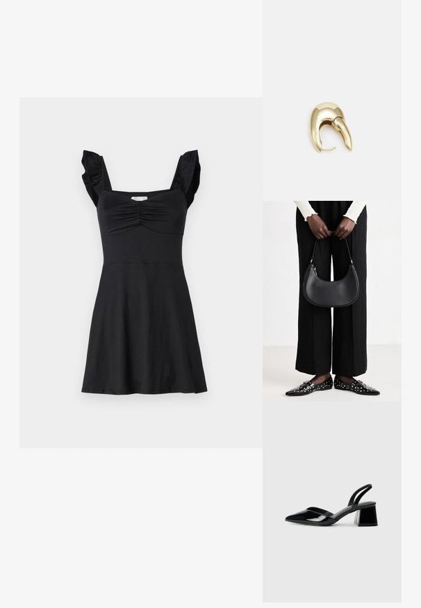 Melnā kleita no gludas auduma, ar volāniem plecu siksnām, ruche pie krūtīm un izplesto svārku siluetu.; Melna lakota āda ar atvērto papēdi, ar smailu purngalu un ģeometrisku blokpapēdi. Iezīmējas elegants, minimāls dizains un gluda tekstūra.; Melnas ādas plecu soma ar apaļu formu, spīdīgu apdari un sudraba komponentēm. Persona valkā melnus platā piegriezuma bikses un vadlīniju mokasīnus ar kniedēm.; Zeltīti metāla auskari ar gludu, izliekta dizaina. Ar atšķirīgu smailu formu, pulētu virsmu un eņģu aizdari.