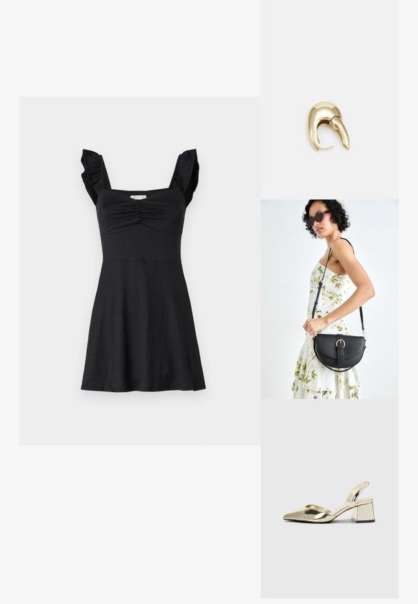 Schwarzes Kleid aus glattem Stoff, mit Rüschenträgern, Raffung am Bust und einem ausgestellten Saum.; Goldene, metallische Slingback-Absätze mit spitzem Zeh und dicker Ferse. Glatte Textur, minimalistisches Design und ein schmaler Riemen.; Schwarze Lederhandtasche mit geschwungener Form, abnehmbarem Tragegurt und goldenen Beschlägen. Die Tasche verfügt über einen Deckel mit einer Schnallen-Details.; Ohrringe aus goldfarbenem Metall mit einem schlanken, geschwungenen Design. Sie verfügen über eine markante, spitze Form, eine polierte Oberfläche und einen Scharnierverschluss.