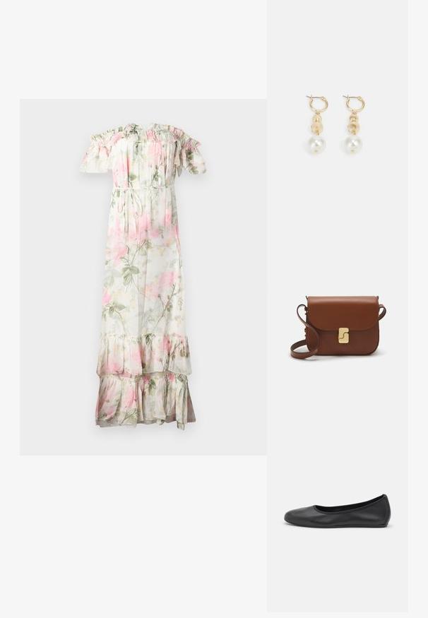 Floral maxi dress with off-shoulder ruffles. Made of lightweight fabric, featuring pink and green flowers, a drawstring waist, and tiered hem.; Black leather ballet flat with a rounded toe, smooth texture, minimal stitching detail, and a flexible sole design.; Brown leather handbag with a flap closure, gold-tone hardware, a shoulder strap, and a smooth texture. Compact rectangular shape.; DKNY DROP - Earrings - gold-coloured