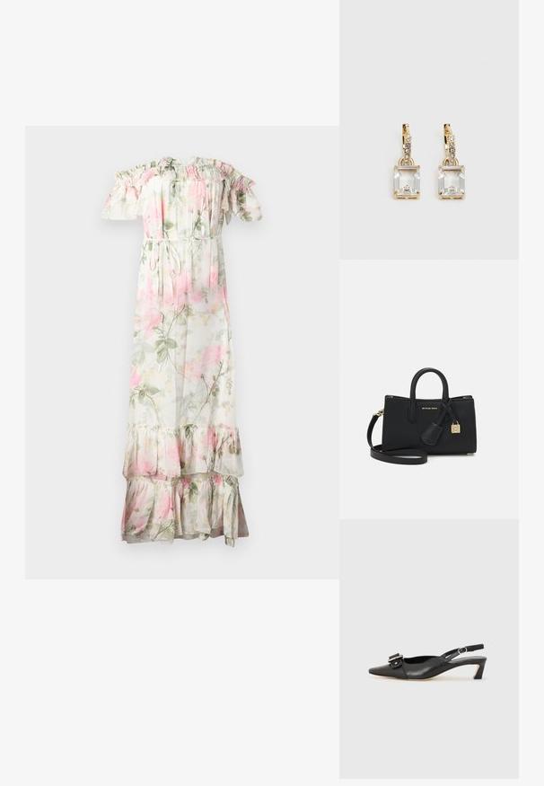 Virágmintás maxi ruha, vállra csúsztatott fodrokkal. Könnyű anyagból készült, rózsaszín és zöld virágokkal díszítve, húzózsinóros derékrésszel és réteges szegéllyel.; Fekete bőr szandál kis sarkú, hegyes orral, díszes csattal a felsőrészen. Simább textúra, minimalista design.; Fekete bőrtáska strukturált dizájnnal, felső füllel és levehető vállpánttal. Arany kiegészítőkkel és logós charm-mal rendelkezik.; Aranyszínű fülbevalók, melyek egy téglalap alakú, tiszta kristállyal díszítették, ami egy sor kis, kerek, tiszta kiegészítő alatt lóg. Letisztult, modern dizájn.
