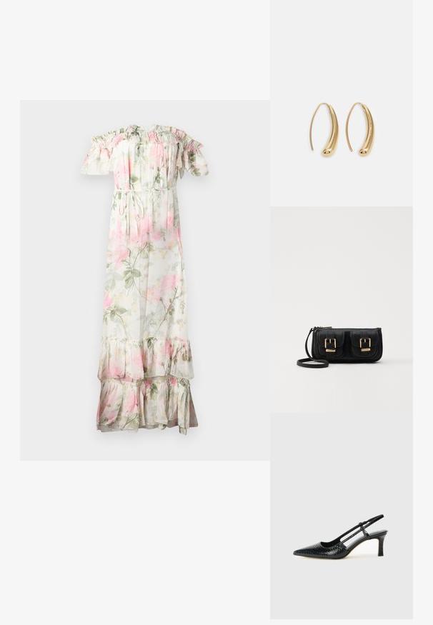 Gėlėta maxi suknelė su nulenktomis rankovėmis. pagaminta iš lengvos medžiagos, su rožinėmis ir žaliomis gėlėmis, su raiščiu juosmenyje ir keliais sluoksniais apačioje.; Juodai lakuoti slingback aukštakulniai su smailiu nosiu, su tekstūruotu gyvatės raštu, reguliuojama juosta ir trumpu, tekstūruotu blokiniu kulnu.; Juodas odinis per petį nešiojamas krepšys su dviem priekiniais kišenėmis, auksiniais sagtimis, užtrauktuko uždarymu ir siauromis petnešomis. Textūruota paviršius ir kompaktiškas stačiakampis formatas.; Auksinės metalinės auskarų kabės su lenktą, pailgą forma. Turi lygų, blizgantį paviršių ir užapvalintą galiuką papildomam akcentui.