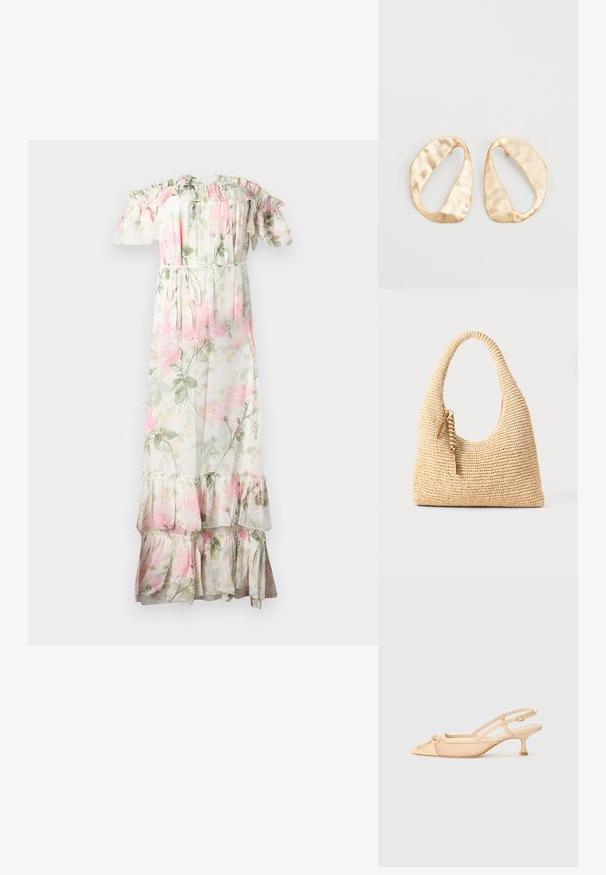 Floral maxi dress with off-shoulder ruffles. Made of lightweight fabric, featuring pink and green flowers, a drawstring waist, and tiered hem.; Stuart Weitzman KITTY - Classic heels - beige/barely beige; Woven beige handbag with a curved handle, textured surface, and a brown tassel detail. Features a slouchy, hobo shape.; Pair of irregular oval-shaped gold-toned metal earrings with a textured, slightly hammered surface on a white background.