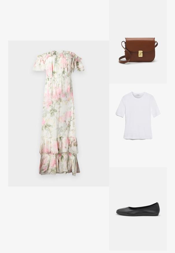 Cvjetna maxi haljina s volanima bez naramenica. Izrađena od lagane tkanine, s ružičastim i zelenim cvjetovima, vezicom u struku i slojevitim rubom.; Bijela majica s kratkim rukavima izrađena od rebraste tkanine. Okrugli izrez, klasičan kroj i suptilni detalji šivanja. Bez uzoraka ili grafika.; Crne kožne baletanke s zaobljenim vrhom, glatke teksture, minimalnim detaljima šavova i fleksibilnim dizajnom potplata.; Smeđa kožna torba s preklopom, zlatnim detaljima, remenom za nošenje preko ramena i glatkom teksturom. Kompaktni pravokutni oblik.