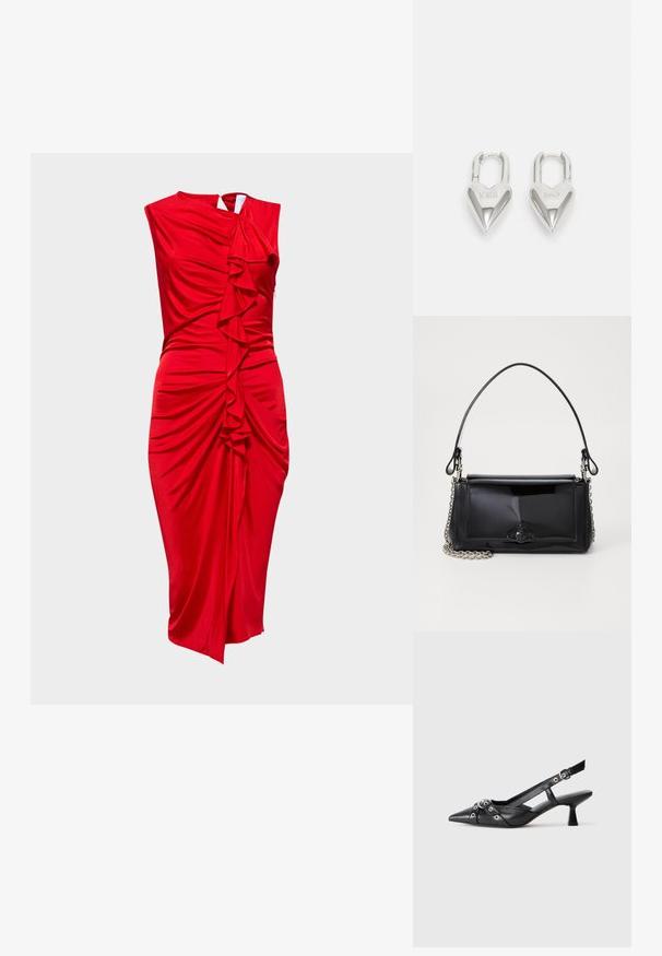 Rochie roșie fără mâneci dintr-un material neted, cu detalii drapate și volane, având o siluetă ajustată și un tiv până la genunchi.; Pantofii slingback din piele neagră, cu vârful ascuțit, curele decorative cu ochiuri din metal și toc bloc mic. Suprafață texturată.; Geantă din piele patent neagră, cu o formă rectangulară, mânere din lanț și un accent distinctiv din metal în centru. Textură netedă.; Lacate în formă de inimă, argintii, cu inscripții gravate "DA" și "NU", finisaj lustruit, design simetric și un închizător robust din metal.