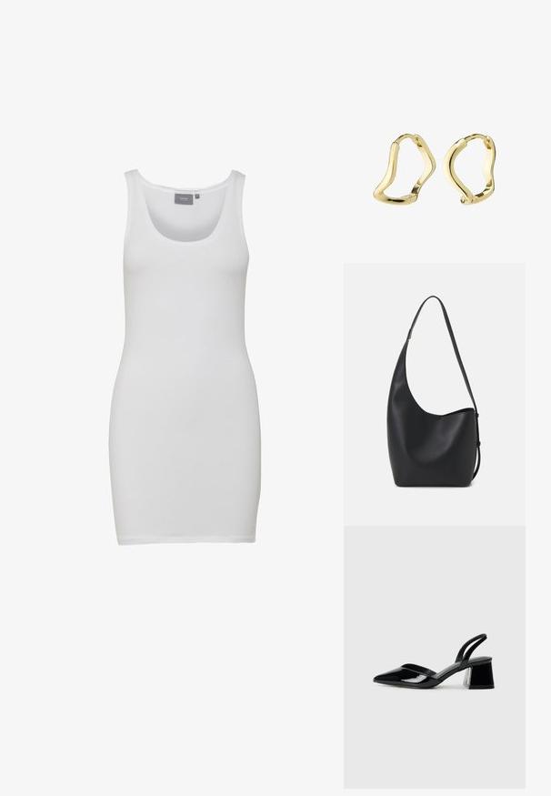 Weißes Tankkleid mit runder Ausschnittform, gefertigt aus glattem, dehnbarem Stoff. Ärmelloses Design mit einer taillierten Silhouette, die bis zur Mitte des Oberschenkels reicht.; Schwarze Lackleder-Slingback-High Heels mit spitzem Schuh und einem geometrischen Blockabsatz. Verfügt über ein schlankes, minimalistisches Design und eine glatte Textur.; Schwarze Leder-Hobo-Tasche mit einer glatten Textur, geschwungener Form und einem einzelnen verstellbaren Tragegurt; verfügt über eine weite Öffnung am oberen Ende.; Goldene Creolen mit einem fließenden, wellenartigen Design. Glatte Textur, offenes Format und keine sichtbaren Verschlüsse. Minimalistischer und moderner Ausdruck.