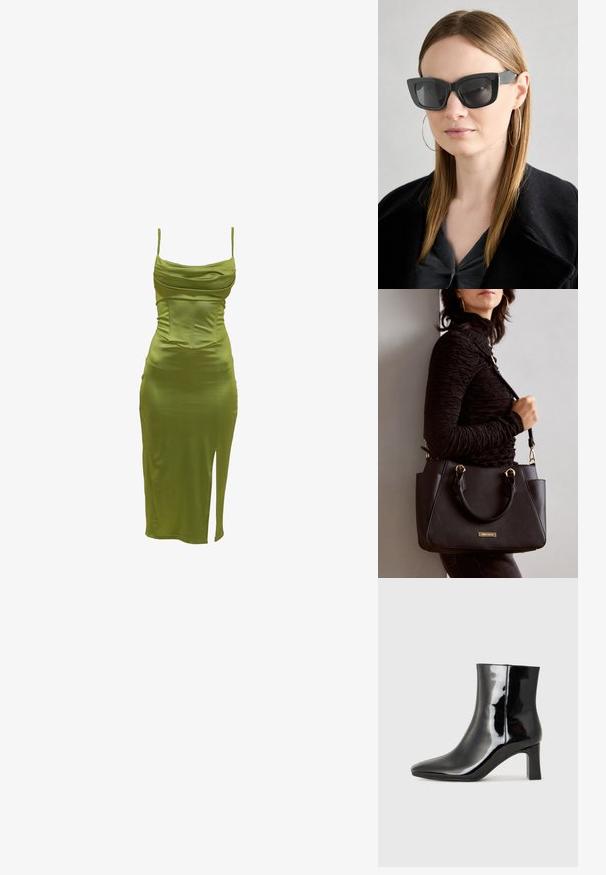 Olivno zeleni telesno oblečen kombinezon z nastavljivimi tankimi naramnicami, z drapiranim izrezom in razporkom do stegna na levi strani. Gladek, elastičen material.; Črne lakirane gležnjarje z ošiljenim nosom in srednje visokim blokastim peto. Gladka tekstura in minimalističen dizajn.; Črne mačje očala s temnimi lečami, debelimi okvirji in subtilnimi detajli. Oblečena z črnim plaščem in sivim zgornjim delom, z dolgimi ravnimi lasmi.; Črna torbica z teksturirano površino, z dvema zgornjima ročajema in nastavljivim ramenskim pasom. Ima zlatovrateče dodatke in stranske žepe.