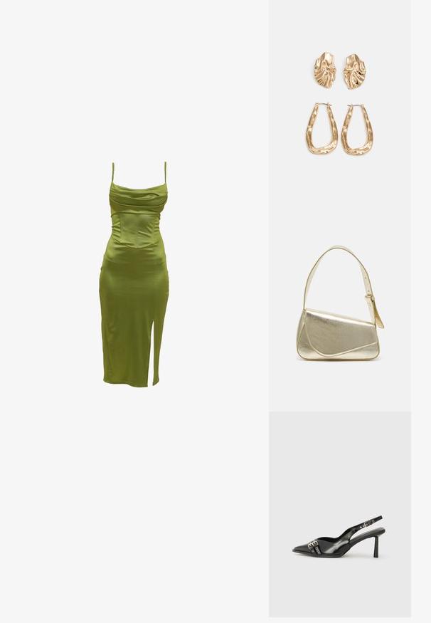 Õliväärise roheline kehakoolituskleit reguleeritavate õhukeeltega, voogav kaelus ja reie kõrgune lõhe vasakul küljel. Sile, elastne kangas.; Must musta nahk kingad sanga ja terava ninaga, ankle strapidega, millel on hõbedased pandlad ja riistvara ning õhuke konts.; Kuldmetallist käekott, millel on struktureeritud disain, sile tekstuur ja reguleeritav rihm. Omab ainulaadset kolmnurkset kuju ja minimalistlikku õmblust.; Kuldse värvi kõrvarõngad, mis on kaunistatud tekstuursete ja laineliste kujunditega. Komplektis on skulpturaalsed klamber kõrvarõngad ja avatud rõngasdisain, millel on lõhestatud viimistlus.