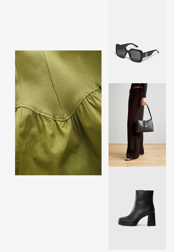 Tissu vert olive présentant une texture côtelée verticale sur la partie supérieure et une texture douce froncée en dessous, avec des détails de couture courbés.; Bottine en cuir noir avec un talon bloc et une semelle plateforme, vue de côté sur un fond blanc uni.; Lunettes de soleil noires avec une monture carrée épaisse, verres sombres, finition brillante et un détail en or sur les branches.; Sac à main noir à la forme structurée, texture lisse et fermoir métallique. Associé à un pantalon noir ample et des sandales ouvertes sur un sol en bois.