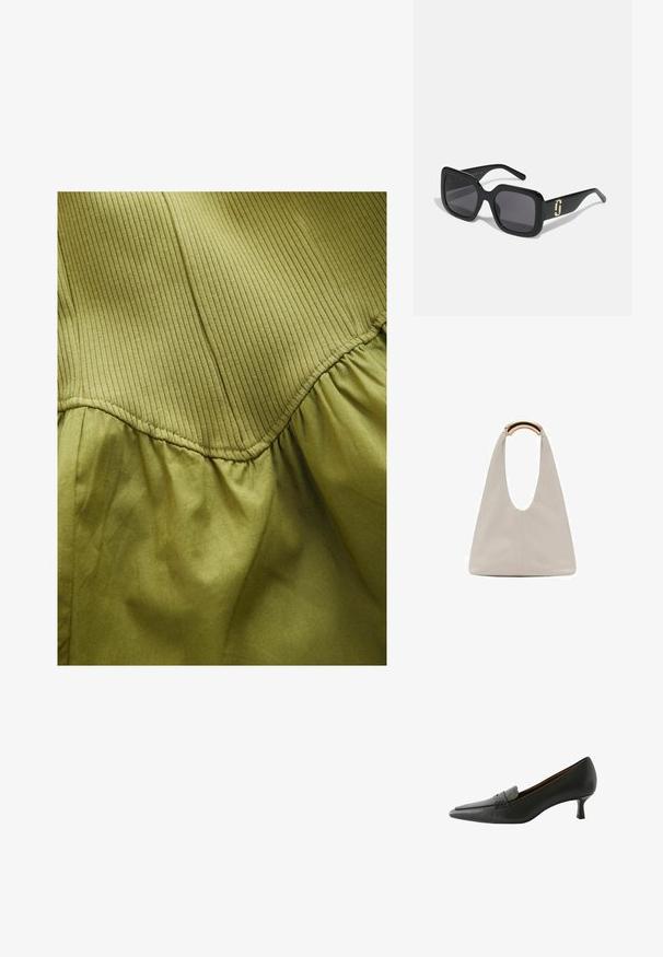 Olive drap z tkaniny w kolorze oliwkowym, z pionowym prążkowanym teksturem w górnej części i miękką, marszczoną teksturą poniżej, z detalami w postaci zakrzywionych szwów.; Czarne skórzane buty na obcasie z wąskim noskiem i dekoracyjnym paskiem. Posiadają niski obcas szpilkowy i gładką fakturę.; Czarne okulary przeciwsłoneczne z masywną kwadratową oprawą, ciemnymi soczewkami, błyszczącym wykończeniem i złotym akcentem na zausznikach.; Jasnoszara skórzana torba o kształcie litery U z zakrzywionym metalowym uchwytem. Gładka tekstura z minimalnymi szwami i bez widocznych wzorów.