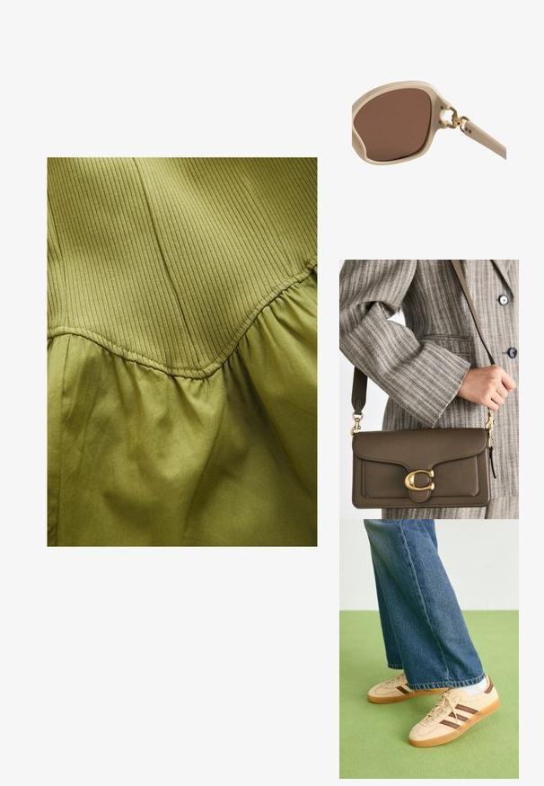 Olivno zeleno blago z navpičnimi ribastimi teksturami v zgornjem delu in mehko nabranimi teksturami spodaj, z ukrivljenimi šivi.; Bež teniske z teksturiranimi kremnimi paneli in rjavimi črtami, v kombinaciji z modrimi kavbojkami. Kavbojke imajo široke hlačnice in raztrgan rob.; Svetlo bež sončna očala z rjavimi lečami, okvir v obliki zaobljenega kvadrata, zlatimi detajli na težišču in svetlo teksturiranimi ročaji.; COACH TABBY SHOULDER BAG 26 - Torbica - dark stone