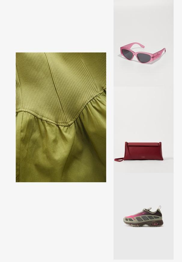 Olivengrüner Stoff mit vertikal gerippter Textur im oberen Bereich und weicher geraffter Textur im unteren Bereich, mit geschwungener Nahtdetail.; Sportlicher Schuh mit einer Mischung aus olivgrünem und dunkelbraunem Material sowie pinken Akzenten. Strukturiertes Obermaterial und sichtbare Luftpolsterung in der Sohle.; Rosa transparente Sonnenbrille mit kantiger, katzenaugenförmiger Form, dunklen getönten Gläsern und geprägtem Text an der Bügel, der "DIE SONNENBRILLE" liest.; Rote Leder-Clutch mit strukturiertem Finish, ausgestattet mit einem flachen Klappdeckel und einem kurzen Tragegriff. Diskretes Markenlogo auf der Vorderseite.