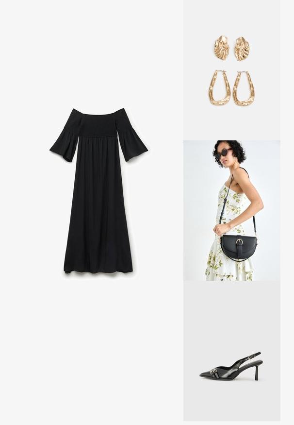 Schwarzes Maxikleid mit schulterfreiem Schnitt, gerafftem Oberteil, kurzen, ausgestellt geschnittenen Ärmeln und fließendem Stoff, das ein einfaches und elegantes Design aufweist.; Schwarzer Lackleder Slingback-Schuh mit spitzem Zehenbereich, Knöchelriemen mit silbernen Schnallen und Beschlägen sowie einem schlanken Absatz.; Schwarze Lederhandtasche mit geschwungener Form, abnehmbarem Tragegurt und goldenen Beschlägen. Die Tasche verfügt über einen Deckel mit einer Schnallen-Details.; Ohrringe in Goldoptik mit strukturierten, gewellten Formen. Beinhaltet skulpturale Clip-Ohrringe und ein offenes Hoop-Design mit gehämmertem Finish.