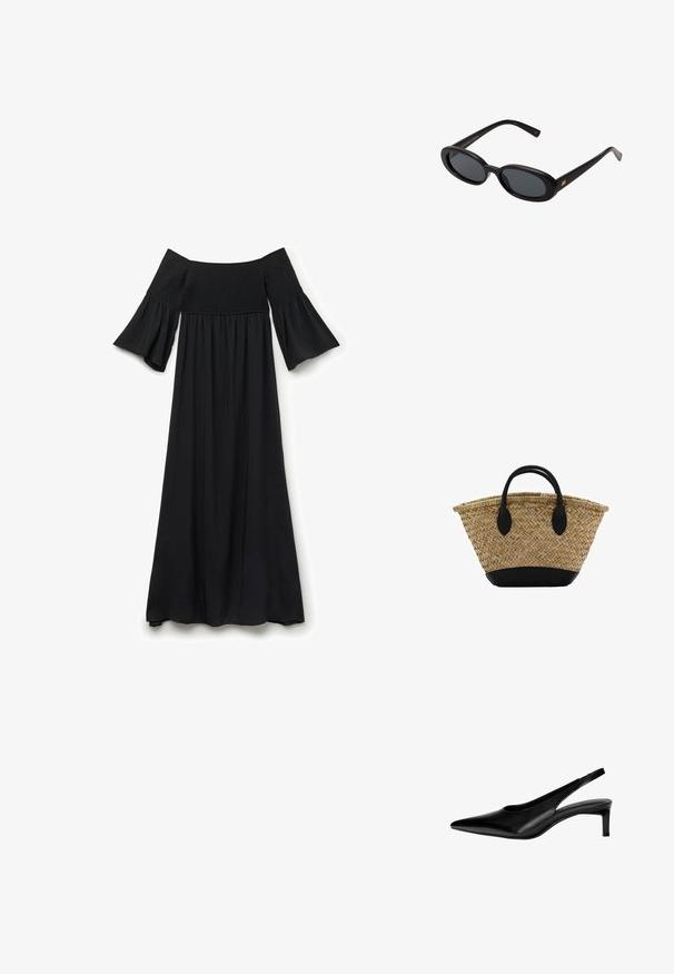 Schwarzes Maxikleid mit schulterfreiem Schnitt, gerafftem Oberteil, kurzen, ausgestellt geschnittenen Ärmeln und fließendem Stoff, das ein einfaches und elegantes Design aufweist.; Schwarze Leder-Slingback-Schuh mit spitzer Zehe, niedrigem Absatz und Ausschnitt-Design an den Seiten. Glatte Textur mit schlanker Optik.; Schwarze, oversized Sonnenbrillen mit ovalen Gläsern, glattem Kunststoffrahmen und goldenen Akzenten an den Bügeln. Die dunklen Gläser bieten Sonnenschutz.; Geflochtener Strohkorb mit einer ausgestellten Form, ausgestattet mit einem schwarzen Lederboden und -griffen. Strukturierte natürliche Fasern mit glatten schwarzen Akzenten.