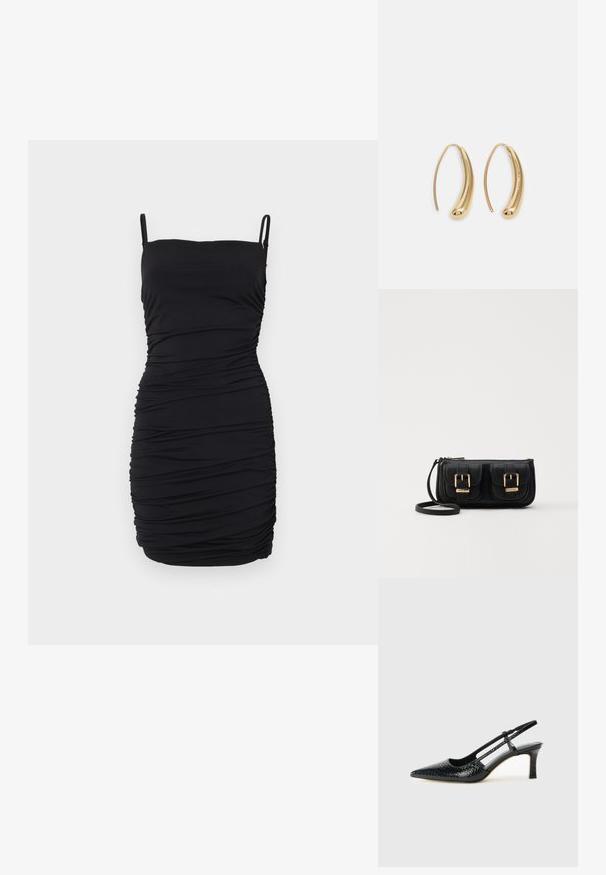 Schwarzes ärmelloses Kleid aus dehnbarem Stoff, das ein gerafftes Design aufweist, mit verstellbaren Spaghettiträgern und einer figurnahen Silhouette.; Schwarze Lack-Slingback-Pumps mit spitzem Zehenbereich, versehen mit strukturiertem Schlangenprint, verstellbarem Riemen und einem kurzen, strukturierten Blockabsatz.; Schwarze Leder-Umhängetasche mit zwei vorderen Taschen, goldenen Schnallen, Reißverschluss und einem schmalen Tragegurt. Texturierte Oberfläche und kompakte rechteckige Form.; Goldfarbene Metall-Hoops mit einer geschwungenen, länglichen Form. Sie verfügen über eine glatte, glänzende Oberfläche und eine abgerundete Spitze für zusätzliche Details.