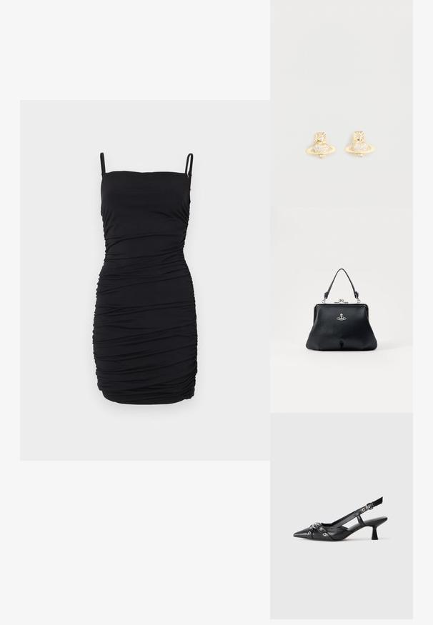 Svart ärmlös klänning i stretchn material, med en rynkad design runtom, justerbara spagettiremmar och en åtsittande silhuett.; Svart lädersko med slingback-design, spetsig tå, dekorativa remmar med metallöglor och en låg klack. Texturerad yta.; Svart läderhandväska med en texturerad yta, silverfärgade beslag, spänne och ett kort handtag för bärande. Kompakt och strukturerad design.; Guldtonade studörrhängen med en Saturn-design, en texturerad band och inlagda cirkulära kristaller för extra glans.