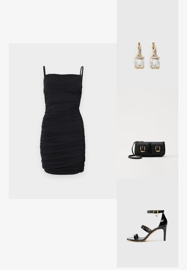 Robe noire sans manches en tissu extensible, dotée d'un design froncé sur toute la surface, avec des bretelles spaghetti réglables et une silhouette ajustée.; Sandale en cuir verni noir avec trois brides, boucle de cheville et talon aiguille de 10 cm. Présente un détail en métal doré et un charm logo.; Sac en cuir noir porté en travers avec deux poches avant, boucles dorées, fermeture zippée et une sangle fine. Surface texturée et forme rectangulaire compacte.; Boucles d'oreilles en or lumineux avec un cristal rectangulaire transparent pendent sous une rangée de petits accents ronds transparents. Design élégant et moderne.