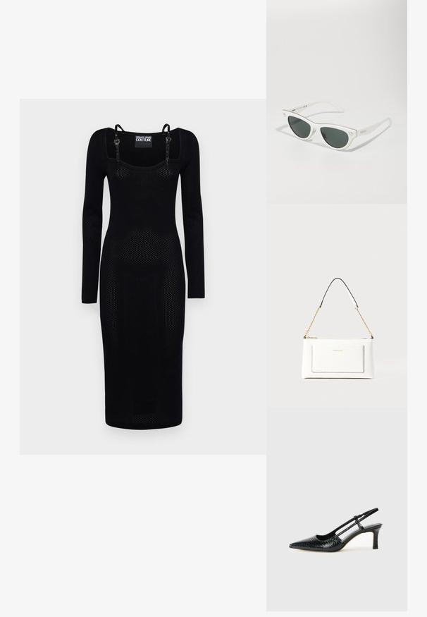 Vestido preto de mangas longas com silhueta ajustada, feito de tecido texturizado com pequenas perfurações e alças de ombro ajustáveis.; Salto slingback em patente preta com bico apontado, apresentando um padrão de pele de cobra texturizado, tira ajustável e um salto bloco curto e texturizado.; Óculos de sol brancos em formato de gato com lentes escuras, detalhes em dourado na armação e logotipo na lateral. Material plástico liso.; Bolsa de mão branca em couro com acabamento texturizado, featuring a corrente dourada e detalhes pretos. Inclui um bolso frontal e fecho com zipper.