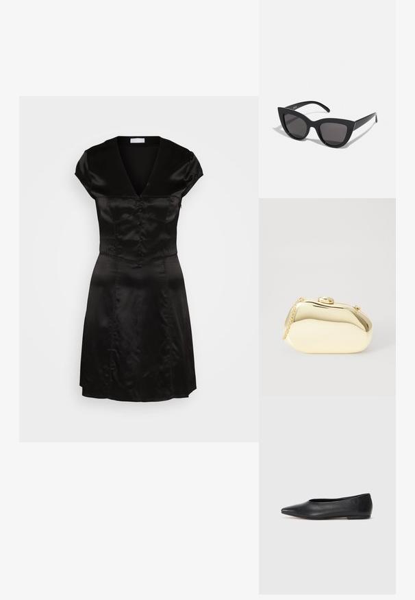 Černé saténové šaty s výstřihem do V, kapkovými rukávy a knoflíkovou aplikací na přední straně. Přiléhavý korzet přecházející do rozšířené sukně. Hladká textura.; Černé kožené baleríny, špičatá špička, minimalistický design, hladký povrch, nízký podpatek, žádné viditelné kovové prvky nebo ozdoby.; Černé sluneční brýle ve stylu kočičích očí s matným povrchem, vybavené šedými zabarvenými skly, ostrými liniemi a elegantními bočními rameny. Název značky viditelný na vnitřní straně ramene.; Metalická zlatá kabelka s hladkým, zaobleným tvarem, opatřená horním zapínáním na knoflík a malým řetízkovým popruhem pro nošení.