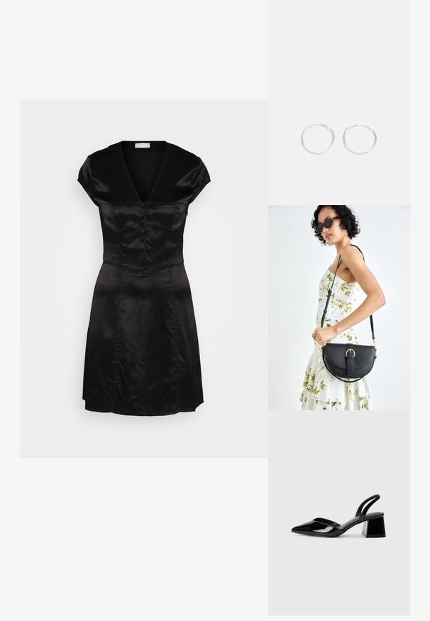 Rochie din satin negru cu decolteu în V, mâneci scurte și detalii cu nasturi pe întreaga lungime a frontului. Corset ajustat ce se continuă cu o fustă evazată. Textură fină.; Pantofi cu toc slingback din piele lacuită neagră, cu vârf ascuțit și toc geometric. Prezintă un design elegant, minimalist și o textură netedă.; Geantă din piele neagră, cu o formă curbată, curea detașabilă și accesorii aurii. Geanta are un capac cu un detaliu tip cataramă.; Cercei din argint cu un design elegant și rotund, având o suprafață netedă și fără embellismente vizibile. Diametrul nu este specificat.