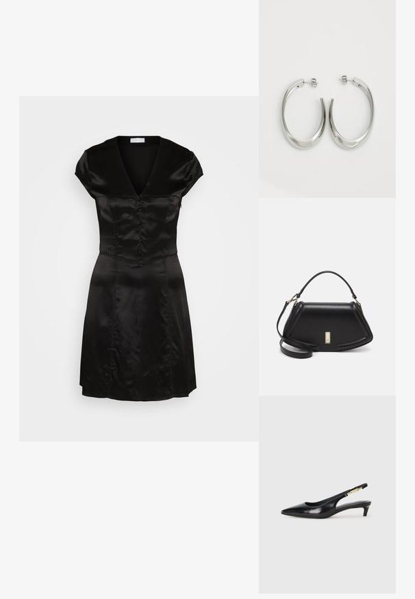 Schwarzes Satinkleid mit V-Ausschnitt, kurzen Ärmeln und Knopfdetails auf der Vorderseite. Tailliertes Oberteil, das in einen ausgestellten Rock übergeht. Glatte Textur.; Schwarze Leder-Slingback-Pumps mit spitzem Schuhblatt, ausgestattet mit einem schlanken Absatz und einem goldfarbigen Akzent am verstellbaren Riemen. Glatte Textur.; Schwarze Lederhandtasche mit einem strukturierten Design, das eine verkürzte Form, einen oberen Griff und goldfarbene Hardware-Details aufweist. Verstellbarer Schulterriemen ist enthalten.; Silberne Creolen mit einem glatten, geschwungenen Design. Mit einem glänzenden metallischen Finish und Steckverschluss. Keine sichtbaren Muster oder Akzente.