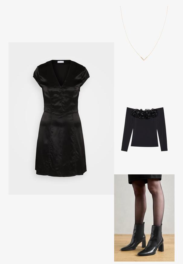 Robe en satin noir avec un décolleté en V, des manches courtes et des boutons décoratifs sur le devant. Bustier ajusté menant à une jupe évasée. Texture lisse.; Haut noir à épaules dénudées avec manches longues, présentant une bordure florale texturée en velours noir le long de l'encolure.; Bottines en cuir noir avec un bout pointu, un talon carré épais et un design élégant. Présente des panneaux latéraux élastiques pour un enfilage facile.; Collier en ton or avec une fine chaîne et un pendentif en forme de V. Design épuré avec une finition lisse et polie et un minimum de détails.