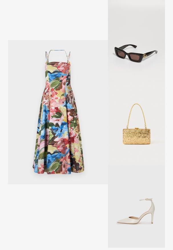 Stine Goya DOUBLE STRAP HIGH VOLUME DRESS - Koktélruha / Partiruha - multi coloured; Fehér bőr, magassarkú cipő hegyes orral, bokapánttal és vékony tűs sarkal. Simaszövet, finom fényes felülettel.; Fekete teknőctoll mintás napszemüveg téglalap alakú lencsékkel, barna színű árnyékolással, vastag kerettel és arany kettős G logó díszítéssel a szárakon.; Arany flitteres clutch táska, téglalap alakú, csavart lánckarabinerekkel és fém záródással, mely fényt tükröz a textúrált felületének köszönhetően.; Arany gyűrű, a belsejében koronával és patkómintával, apró, tiszta drágakövekkel díszítve, fehér háttér előtt.