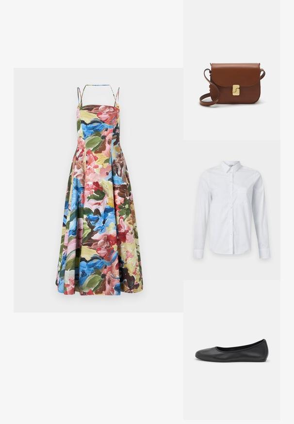 Stine Goya DOUBLE STRAP HIGH VOLUME DRESS - Cocktail φόρεμα / Φόρεμα για πάρτι - multi coloured; Λευκό πουκάμισο με μακριά μανίκια, κατασκευασμένο από βαμβάκι. Διαθέτει κουμπωτή μπροστά, κολάρο με尖 και τσέπη στο αριστερό μέρος του στήθους.; Μαύρο δερμάτινο μπαλαρίνι με στρογγυλή μύτη, λεία υφή, ελάχιστες λεπτομέρειες ραφής και σχεδίαση ευέλικτης σόλας.; Καφέ δερμάτινη τσάντα χειρός με κλείσιμο καπάκι, χρυσές λεπτομέρειες, ιμάντα ώμου και λεία υφή. Συμπαγές ορθογώνιο σχήμα.