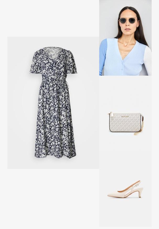 Gėlėtas maxi suknelė tamsiai mėlynos ir baltos spalvos, su trumpomis raukinėmis rankovėmis, V formos iškirpte ir reguliuojamu juosmens dirželiu, užtikrinančiu prigludusią siluetą.; Balti slingback kulniukai su smailiu pirštu, lygia viršutine medžiaga, žemu blokuotu kulnu ir šoniniu išpjovimu su reguliuojamu sagtimi.; Apskriti saulės akiniai su tamsiais objektyvais ir auksiniais rėmeliais. Modelis vilki šviesiai mėlyną, raukinį kardiganą su mygtukais ir kontrastingomis baltomis rankovėmis.; Michael Kors rankinė smėlio spalvos dengto kanvoje su pakartotiniu MK logotipo raštu, auksinėmis detalėmis ir nuimamu grandininiu dirželiu.
