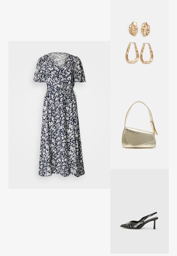 Rochie maxi florală în albastru marin și alb, cu mâneci scurte și volănașe, decolteu în V și cordon ajustabil în talie pentru o siluetă aderentă.; Pantofii slingback din piele lăcuită neagră, cu vârf ascuțit, bretele pentru gleznă cu catarame și accesorii din argint, și un toc subțire.; Geantă de umăr metalică aurie cu un design structurat, textură netedă și curea reglabilă. Prezintă o formă triangulară unică și cusături minimaliste.; Cercei aurii cu forme texturate și ondulate. Include studs sculpturale cu clip și un design de cerc deschis cu un finisaj cioplit.