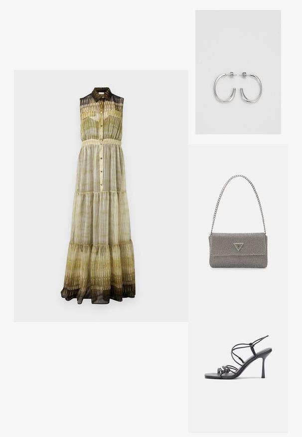 Sukienka maxi bez rękawów w zielono-czarnym gradientzie. Posiada kołnierzyk, guziki z przodu, wielowarstwowy fason oraz zwiewną, przezroczystą teksturę.; Czarne sandały na wysokim obcasie mają cienkie paski z węzłowym wzorem, gładki, kwadratowy czubek i smukły obcas w stylu szpilki.; Jasnoszara metaliczna torebka na łańcuszku, ozdobiona małymi okrągłymi metalowymi ćwiekami oraz trójkątnym logo marki.; Srebrne kolczyki na biglu o gładkim, błyszczącym wykończeniu. O zaokrąglonym kształcie, lekkim designie, z zamknięciem na zatrzask.