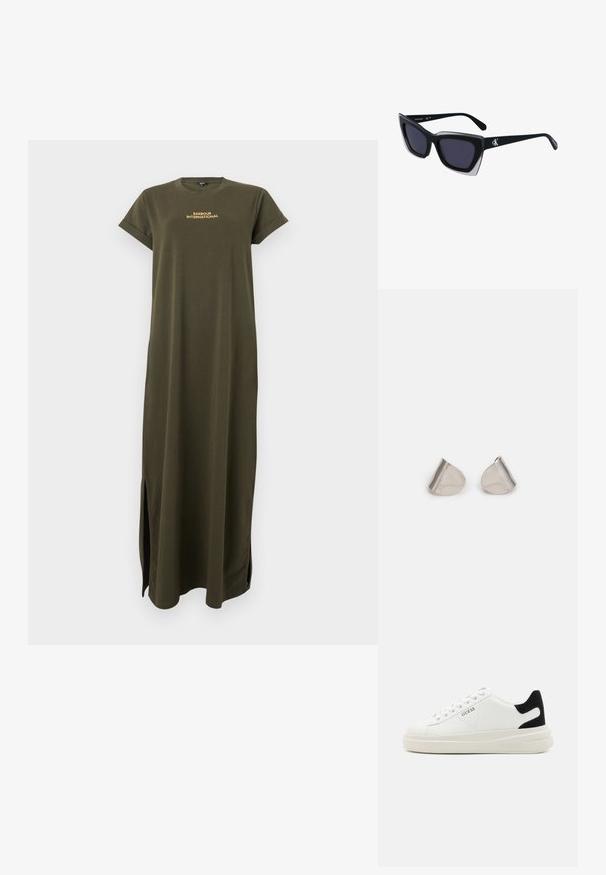 Olivroheline maxi kleit lühikeste varrukatega, ümmarguse kaelusega ja külgaukudega. Rinnal on kullast "BARBOUR INTERNATIONAL" logo.; Valged nahast tennisetossud paksu valge tallaga, musta sametist kontsakeeuga ja külje peal riigilogo reljeefne kujundus. Lukkeskeem kuue silmaauguga.; Mustad suured mustad prillid geomeetrilise kujuga, tumedate läätsedega ja kontrastse halli detailiga raamidel. Logo käe peal.; Hõbedased metallkõrvarõngad sujuva pisarakuju ja poleeritud viimistlusega. Diskreetne graveering lisab detaile. Minimalistlik disain.