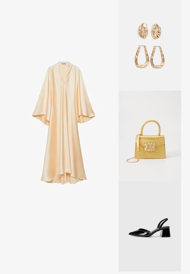 Mango Svečana odjeća - gold-coloured; Crne lakirane kožne sandale s otvorenom petom i špicastim vrhom, s geometrijskom blok petom. Imaju elegantan, minimalistički dizajn i glatku teksturu.; Žuta torbica od umjetnog krokodila sa strukturiranim dizajnom, gornjom ručkom, odvojivim lančićem i dekorativnim kristalnim ukrasom na kopči.; Naušnice zlatne boje s teksturiranim, valovitim oblicima. Uključuju skulpturalne kopče i dizajn otvorene kružnice s kovanom završnom obradom.