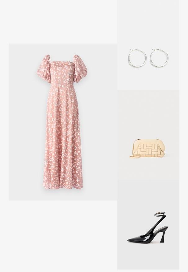 Ljusrosa floralt mönstrad maxiklänning med puffärmar, fyrkantig halsringning och en svävande silhuett. Har vita blommönster på genomskinligt tyg.; Svart patentläder slingback högklackade skor med spetsig tå, justerbar ankelsnodd och en måttlig blockklack. Slät yta med glansig finish.; Vävd beige handväska med en strukturerad design, med en slät ovansida och en lång rem. Texturerad detaljering förbättrar det övergripande utseendet.; Silver hoopörhängen har en slät, rund design med en tunn profil och säker låsning. Minimalistisk stil med en polerad yta.