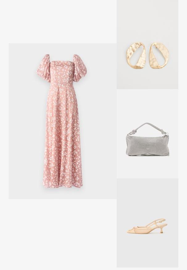 Rochie maxi de culoare roz pal, cu flori, mâneci bufante, decolteu pătrat și o siluetă fluidă. Prezintă modele florale albe pe un material semi-transparent.; Stuart Weitzman KITTY - Pantofi clasici cu toc - beige/barely beige; Geantă pentru umăr din plasă metalică argintie, cu un mâner legat, închidere cu fermoar și formă geometrică a corpului, având o textură netedă.; O pereche de cercei din metal de culoare aurie, cu formă ovală neregulată, având o suprafață texturată, ușor ciocănită, pe un fundal alb.