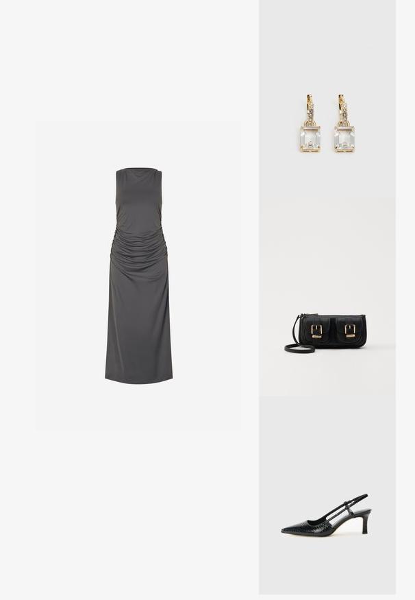 Temno siva srednje dolga obleka brez rokavov z naborki na straneh in visokim ovratnikom na ravni beli podlagi.; Črne lakaste slingback pete s koničastim nosom, ki imajo teksturiran vzorec kačje kože, nastavljiv trak in kratek teksturiran blok peto.; Črna usnjena torbica čez ramo z dvema sprednjima žepoma, zlatimi zaponkami, zadrgo in ozkim pasom. Tekstura površine je strukturirana, obliko pa ima kompaktno pravokotno.; Zlato obarvani uhani, ki vsebujejo pravokoten, prozoren kristal, obešen pod vrsto majhnih, okroglih prozornih dodatkov. Elegantna, moderna zasnova.