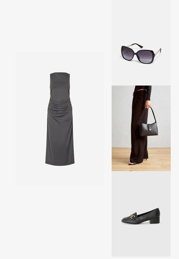 Vestido midi cinza escuro sem mangas com laterais franzidas e decote alto em fundo branco liso.; Mocassins de couro preto com um salto baixo, apresentando um detalhe decorativo em metal dourado na parte da frente e uma textura suave.; Óculos de sol oversized pretos com lentes degradê, armações grossas e detalhes em corrente dourada nas hastes.; Bolsa preta com forma estruturada, textura suave e um fecho metálico. Combinada com calças largas pretas e sandálias de salto aberto sobre um chão de madeira.