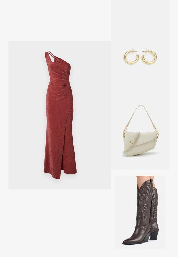 Haljina s jednim ramenom, duga crvena haljina sa sjajem, s detaljima nabrane tkanine, asimetričnom strukom i bočnim prorezom za dodatnu pokretljivost.; Smeđe kožne kauboj čizme s šiljastim vrhom i blok-potpeticom, s detaljno izvezenim šavovima i uzdignutim naglascima na okovu.; Mala krem torbica s teksturiranim finišom, dugačkim podesivim remenom, lančanim detaljem i preklopom. Zlaćani hardver.; Zlatne kružne naušnice s glatkom, sjajnom završnom obradom. Kružni dizajn s malom potporom i prozirnom podlogom za sigurno nošenje.