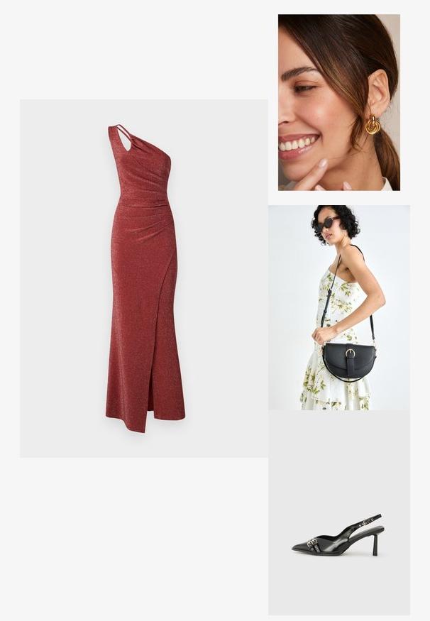 Ühe õlaga, pikk punane sädeluskleit, millel on kogumise detail, ebaühtlane taljejoon ja külgslits, mis lisab liikumisvabadust.; Must musta nahk kingad sanga ja terava ninaga, ankle strapidega, millel on hõbedased pandlad ja riistvara ning õhuke konts.; Mustmust mustraha kõverate joontega, eemaldatava rihmaga ja kuldsete detailidega. Kotil on klapp, millel on pandladetail.; Kuldsed rõngas kõrvarõngad, millel on omavahel seotud ringikujulised disainid ja poleeritud pind, neutraalse tausta taustal.