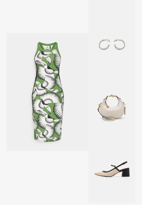 Zöld, ujjatlan ruha fekete és fehér tukán mintával, testhezálló fazonnal és versenyhátsó kialakítással. Simább pamut anyag.; Beige bőr, blokk sarkú pumps cipő hegyes orral, fekete díszítéssel a nyílás mentén, és vékony, állítható pánttal, arany hardverral.; Krém bőr kézitáska hónalj formájú, arany hardware-rel, fekete kiegészítőkkel és levehető pánttal. Lánc részlet és címke jellemzi.; Ezüst gyűrű fülbevalók sima, lekerekített formával és fényes, polírozott felülettel. Minimalista alakjukkal és enyhe nyitással rendelkeznek.