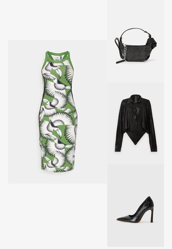 Vestido verde sem mangas com um padrão de tucano em preto e branco, forma justa ao corpo e um design de costas à nadadora. Material de algodão suave.; Bodysuit preto com mangas longas, decote em V e silhueta ajustada. Feito de um tecido brilhante e suave, com colarinho e punhos estruturados.; Sapato de salto alto de bico fino preto com textura de pele de crocodilo, apresentando um design elegante, salto agulha alto e interior preto suave.; Pasta preta com um design texturizado, adornada com tachas prateadas e uma alça em corrente prateada robusta. Apresenta uma forma minimalista e elegante.