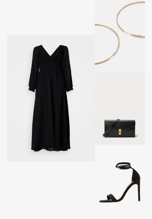 My Mascara Curves Apģērbs svinīgiem gadījumiem - black; Melnas zamšādas augstpapēžu sandales ar vienkāršu siksniņu dizainu, atvērtu purngalu un potītes siksniņu ar sudraba sprādzi.; Zelta krāsas auskari gredzena formā, plāni un apaļi, ar gludu metāla apdari un bez rotājumiem vai zīmējumiem.; Melnas ādas maku ar pārklājošu flapu, zelta detaļām, ar logotipa akcentu. Ietver noņemamu siksniņu pārvadāšanai.