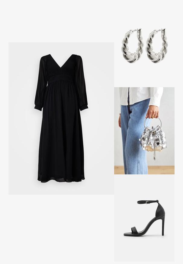 My Mascara Curves Pidulikud riided - black; Mustad must kõrge kontsaga sandaal, millel on sile disain, sääre rihm, avatud varvas ja sile nahk tekstuur.; Säbrine sädelev kott ümmarguse metallist käepidemega; sisaldab nöörklappi ja kettaktsente, paigutatud heleda denimimaterjali ja valge kanga taustale.; Keeratud hõbedased rõngakõrvarõngad läikiva viimistlusega, millel on punutud tekstuur ja kindel klambriga sulgemine.