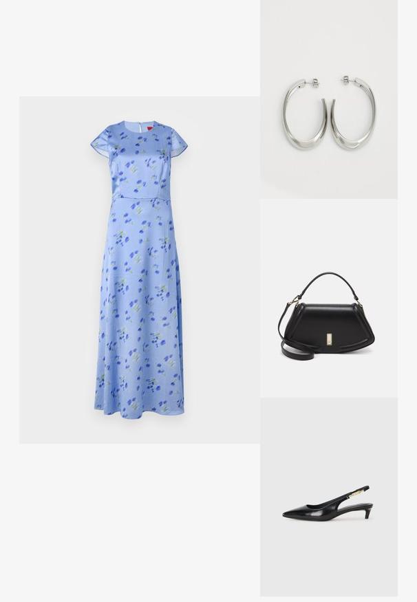 Floral print dress in light blue, short sleeves, round neckline, A-line silhouette, with green and blue flowers, zipper closure at the back.; Black leather slingback heels with a pointed toe, featuring a slim heel and a gold-tone accent on the adjustable strap. Smooth texture.; Black leather handbag with a structured design, featuring a cropped shape, top handle, and gold hardware accent. Adjustable shoulder strap included.; Silver hoop earrings with a smooth, curved design. Features a shiny metallic finish and stud closure. No visible patterns or accents.