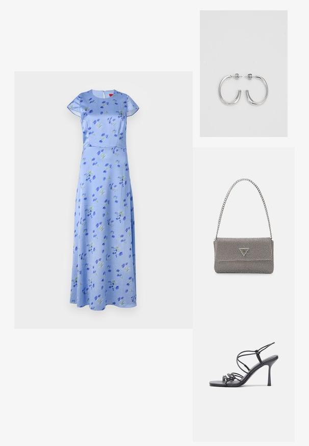 Rochie cu imprimeu floral în albastru deschis, cu mâneci scurte, guler rotund, siluetă în formă de A, decorată cu flori verzi și albastre, cu fermoar la spate.; Sandale negre cu toc înalt au curele subțiri cu un design legat, un vârf pătrat neted și un toc stiletto elegant.; Geantă metalică gri deschis, cu un strap din lanț, decorată cu mici ținte circulare metalice și un logo de marcă triangular.; Cercei rotunzi din argint cu un finisaj neted și strălucitor. Design ușor, având o formă rotundă și închidere cu tijă.